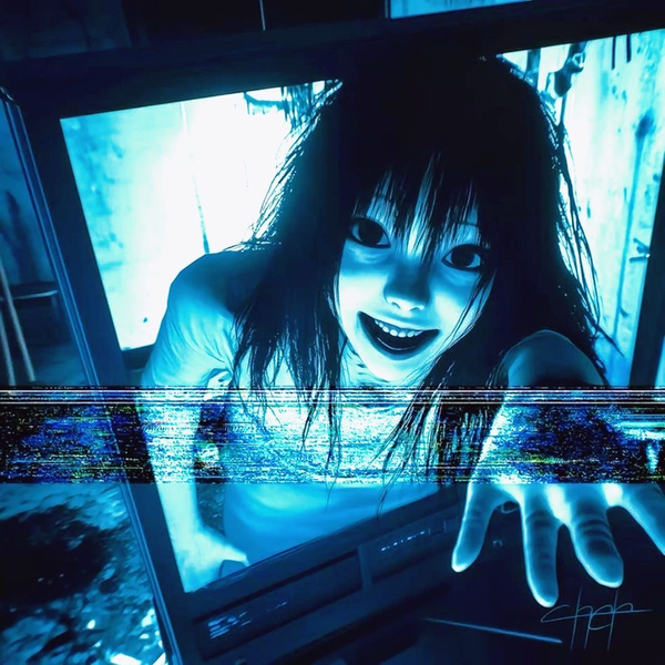 A smiling, black-haired apparition reaching out of a glowing cyan television